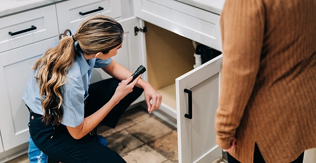 Mr. Appliance service professional shining flashlight underneath sink.