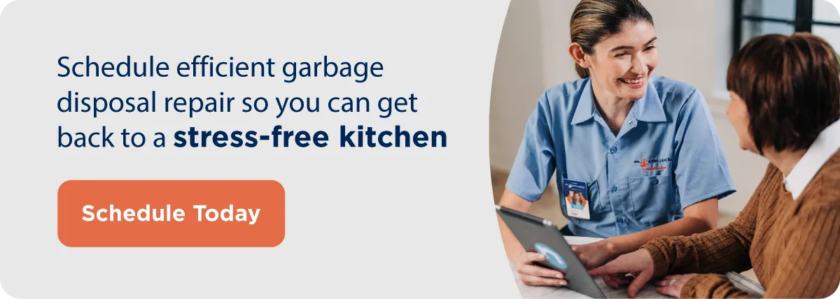  A Mr. Appliance service professional meets with a homeowner to discuss garbage disposal repair service, with a call-to-action that reads “schedule today”.