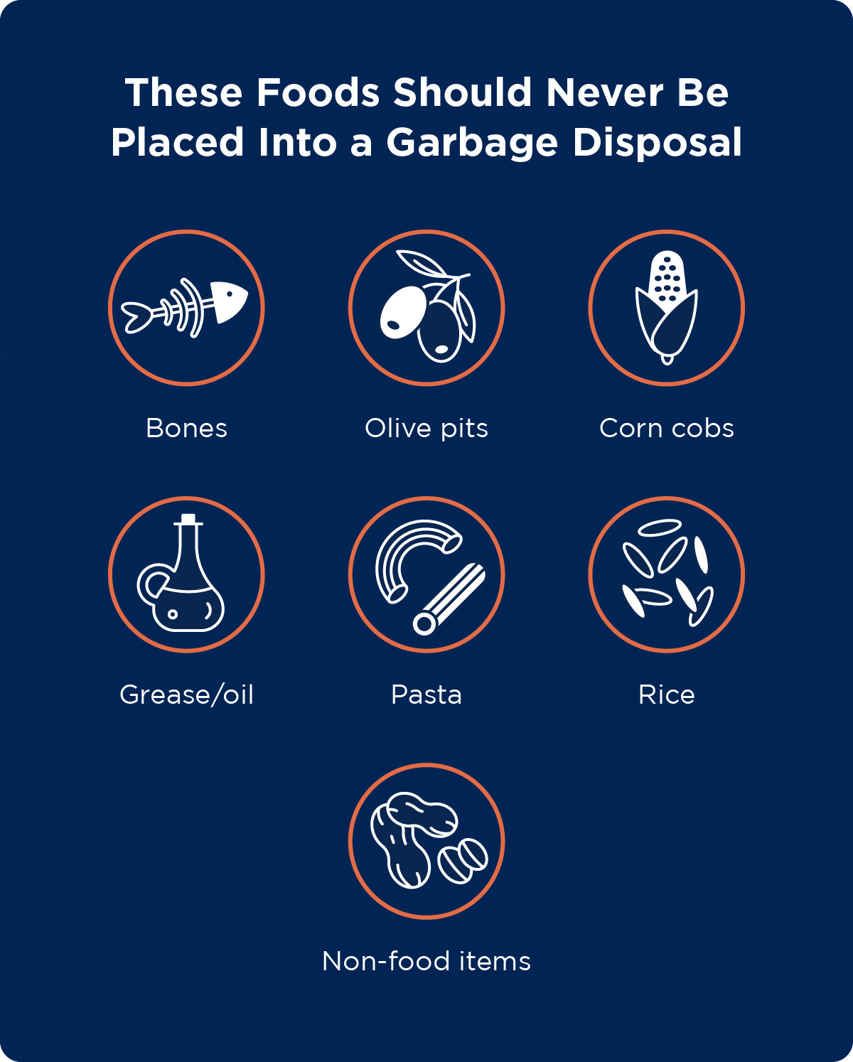 Seven foods that should never be placed into a garbage disposal.