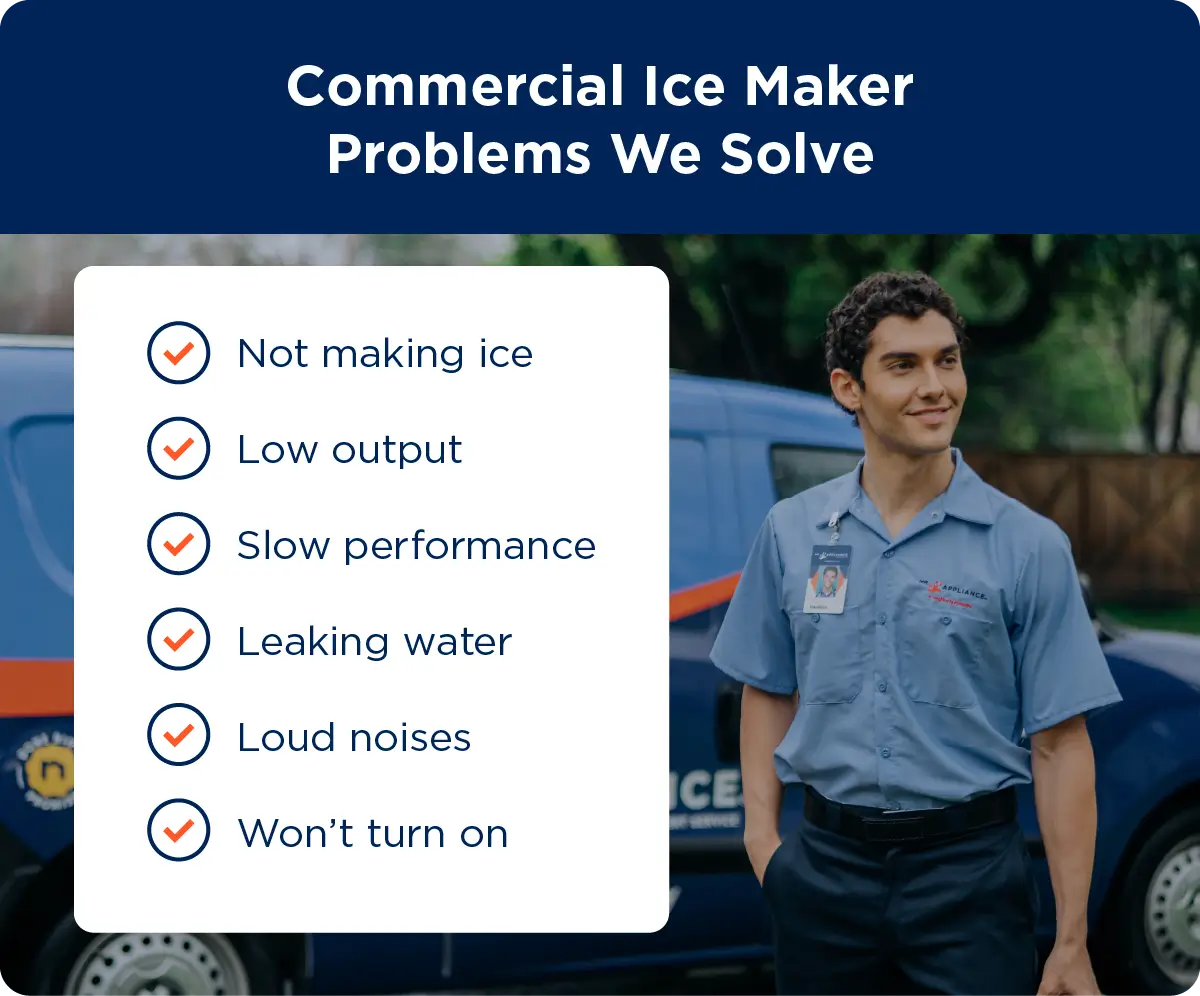 List of the commercial ice maker issues Mr. Appliance repairs: not making ice, low output, slow performance, leaking water, loud noises, won’t turn on.