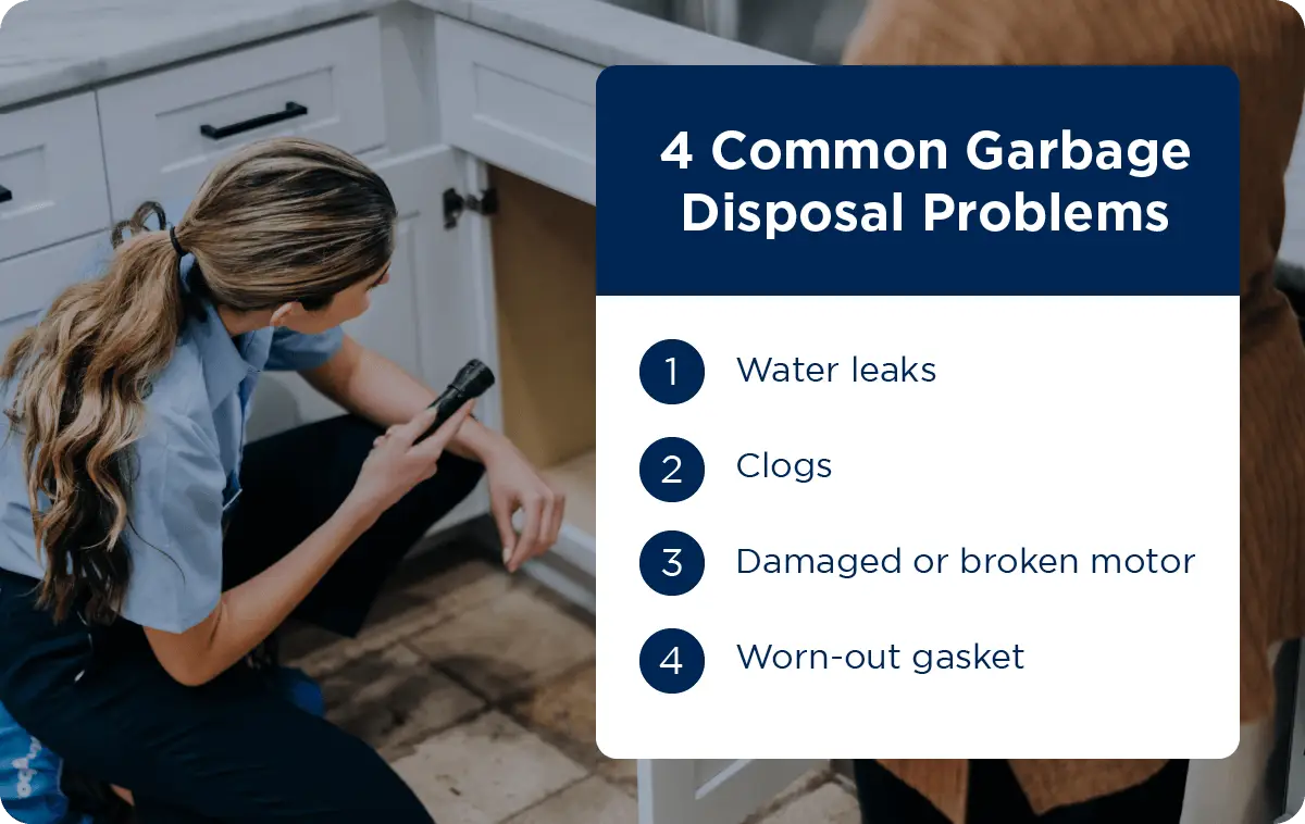 A Mr. Appliance service professional repairing a garbage disposal not working, with common problems including water leaks, clogs, damaged or broken motor, and worn-out gasket.