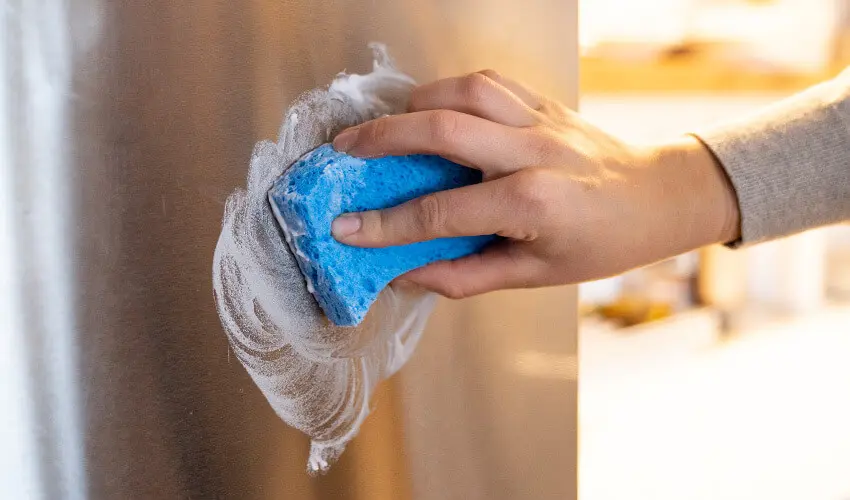 A person's hand using a sponge and soap to wash the side of a stainless-steel refrigerator.
