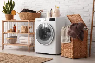 Well-leveled washing machine in a modern laundry room.
