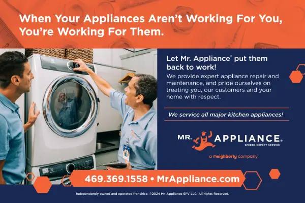 Two appliance repair technicians from Mr. Appliance examine a front-loading dryer. One technician points to the dryer’s control panel while the other holds a tablet. The text above them reads, 'When Your Appliances Aren’t Working For You, You’re Working For Them.' Additional text explains that Mr. Appliance offers expert appliance repair services and treats customers with respect. The image includes the company’s contact number and website: 469.369.1558 and MrAppliance.com. The company's logo and tagline, 'Speedy Expert Service,' are visible at the bottom right.