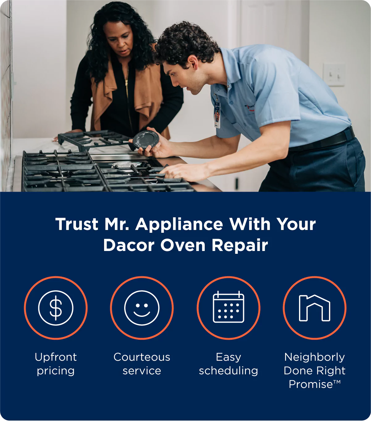 A service professional working on an oven with reasons to trust Mr. Appliance, including upfront pricing, courteous service, easy scheduling, and the Neighborly Done Right Promise™.