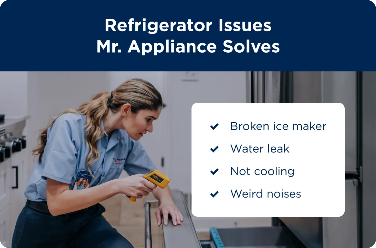 List of common refrigerator issues Mr. Appliance solves: Broken ice maker, water leak, not cooling, weird noises.